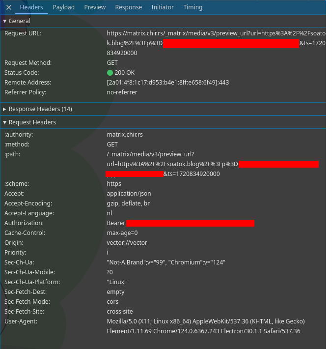 A screenshot of chrome’s devtools, showing a successful request to a “preview_url” route with a censored ink as the argument