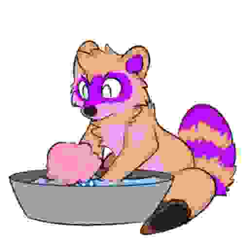 Charlotte Raccoon washing cotton candy in a water bowl, with massive jpeg artifacting