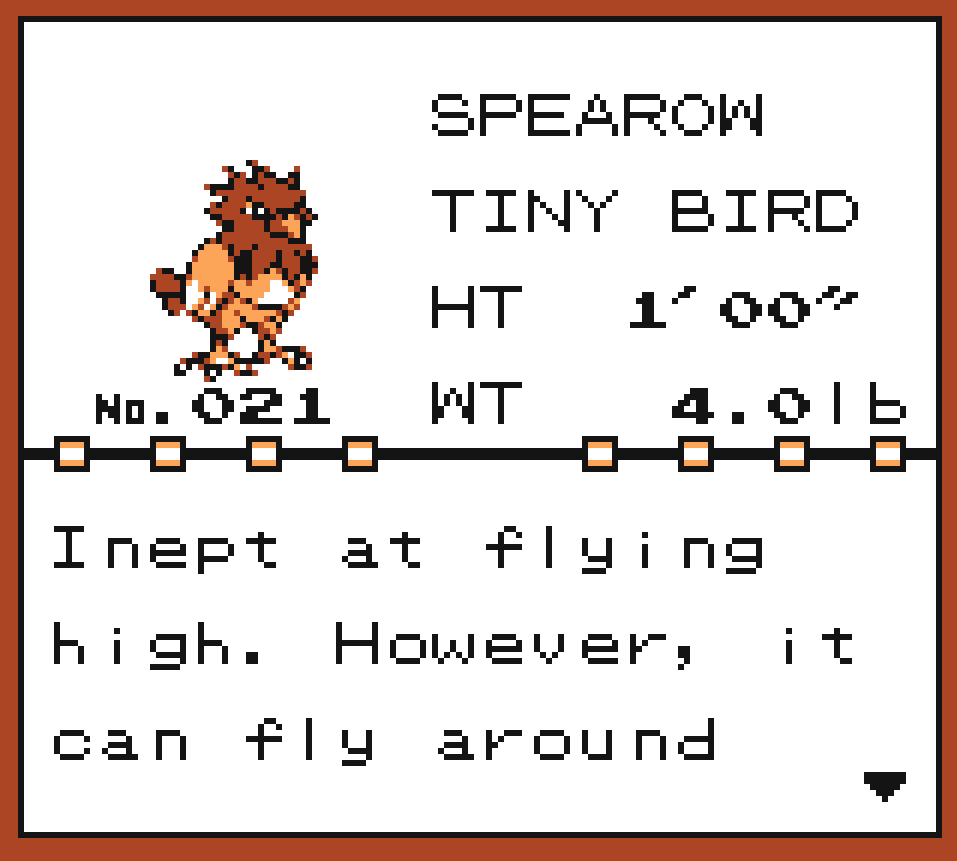 The pokédex page for Spearow, the Tiny Bird Pokémon. It is 1ft tall and 4lb heavy. Inept at flying high. However, it can fly around very fast to protect its territory