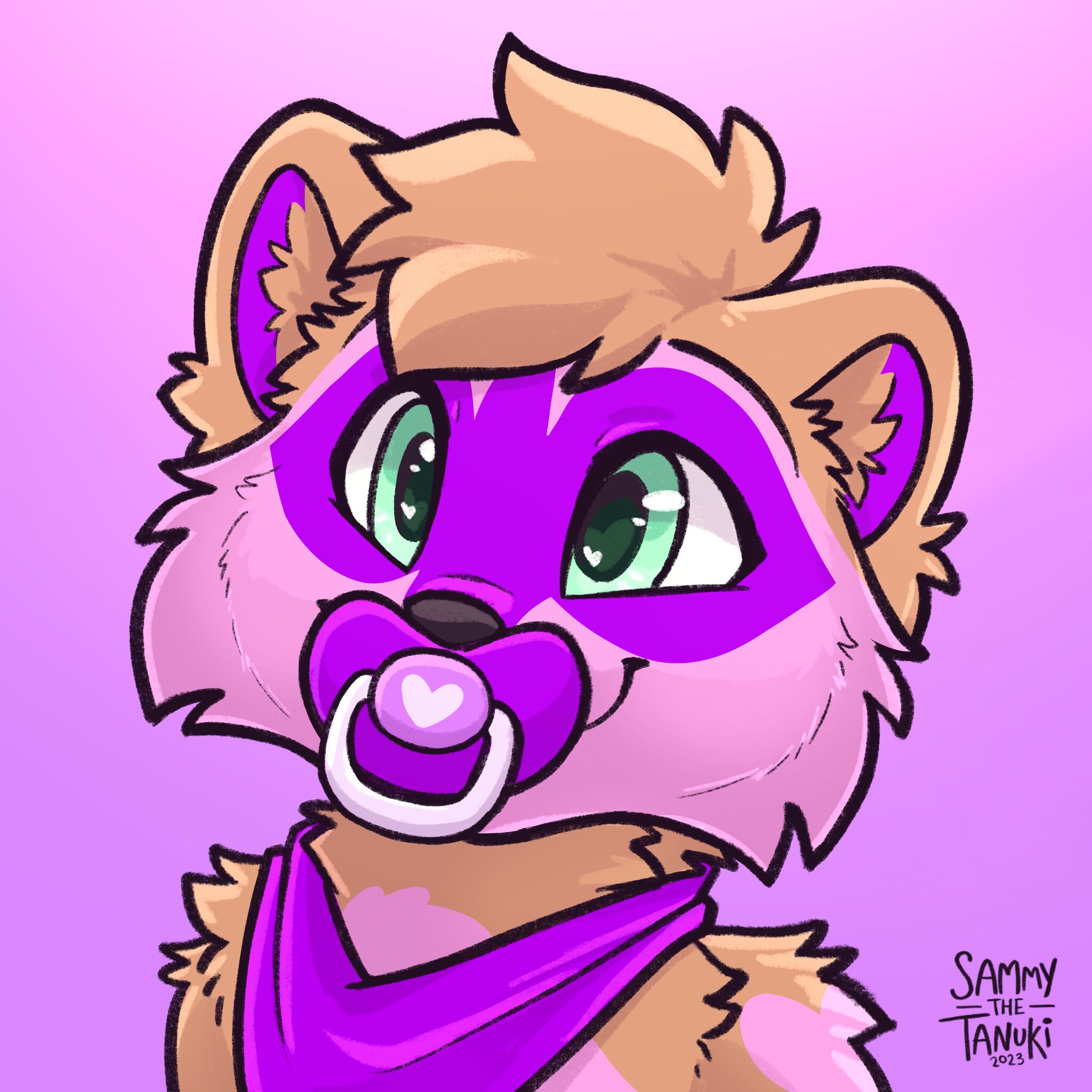 Portrait of Charlotte, an orange raccoon with pink face and purple mask. It is wearing a purple bandanna around its neck and a purple pacifier with a pink heart on it.