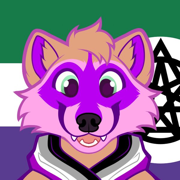 Portrait of Charlotte, an orange raccoon with pink face and purple mask. It is wearing a bandanna