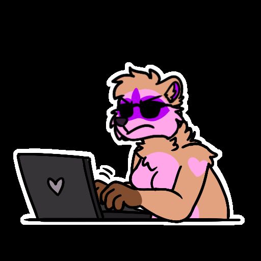 Charlotte Raccoon sitting in front of a laptop wearing sunglasses, typing furiously.